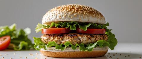Studio shot of a fresh chicken burger with tomato and lettuce on a bun with sesame seeds on white. photo
