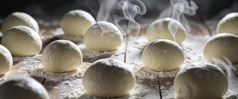 White Dough Balls on Floured Surface with Steam photo