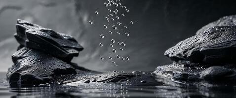 Abstract wet rock formation with water dripping and reflection. photo