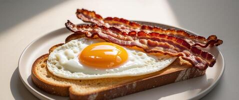 Fried Egg On Toast With Crispy Bacon Classic Breakfast Close Up. photo