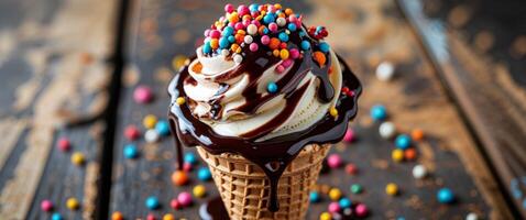 Chocolate ice cream cone with sprinkles and chocolate sauce on a rustic wooden surface close up view. photo
