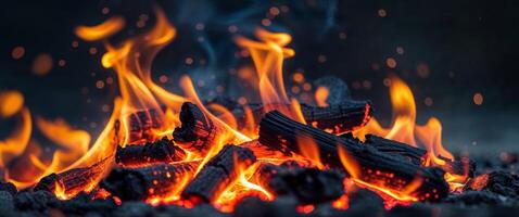 Glowing embers of charcoal burning intensely in close up view photo