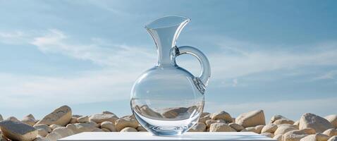 Clear Glass Vase on White Platform Between Beige Rocks Under Bright Sky photo