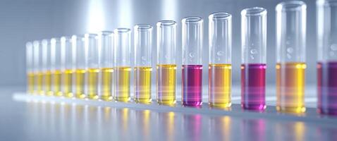 Rows of test tubes glowing softly with fluorescent yellow and purple liquids photo