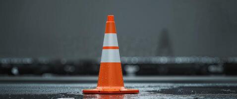 A traffic cone sitting on the ground in the rain photo