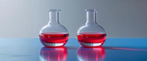 Two glass bottles with red liquid sitting on a table photo