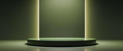 Elevated circular green podium with a soft glow effect on a dark olive green background photo