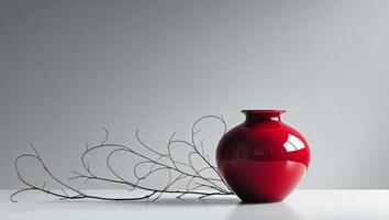 A red vase with a branch on a table photo