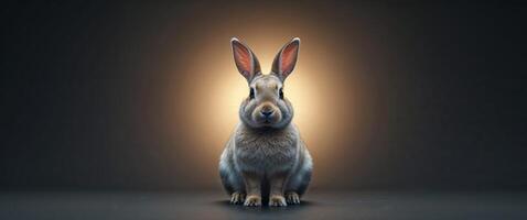 A rabbit is sitting in front of a light photo
