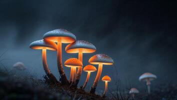 A group of mushrooms in the dark with light coming from them photo