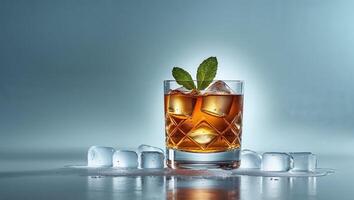 A glass of whiskey with ice cubes and mint leaves photo