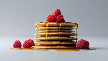 A stack of pancakes with raspberries on top photo