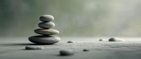 A stack of stones on a table with a green background photo