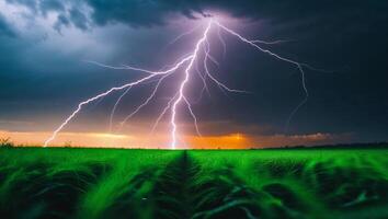 Dramatic lightning strikes over a green field during a thunderstorm in the evening sky photo