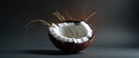 Fresh coconut shell with white flesh and fibers on dark background photo