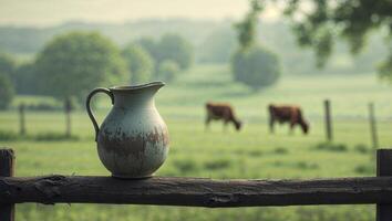 Milk Pitcher on Fence with Cows in Pastoral Setting photo