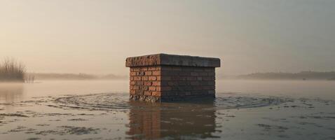 Brick structure emerging from muddy water in a wetland during golden hour light. photo