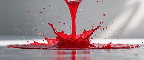 Red liquid is being poured creating a dramatic splash effect. photo