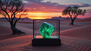 Illuminated Green Gemstone In Display Case At Sunset Desert Landscape photo