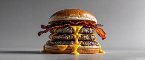 Delicious stacked double cheeseburger with melted cheese and crispy bacon. photo