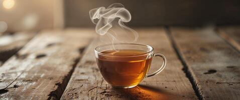 Warm glass of tea on rustic wooden table surface photo