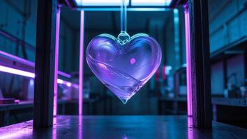 Glass heart sculpture in moody laboratory setting with neon lighting photo