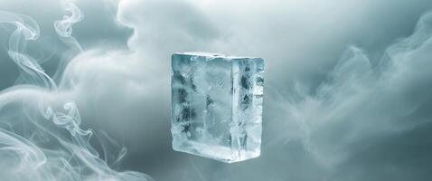 a frozen ice block with smoke in the background photo