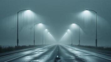 A long empty road with street lights in the fog photo
