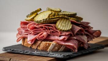 A sandwich with meat and pickles on a cutting board photo