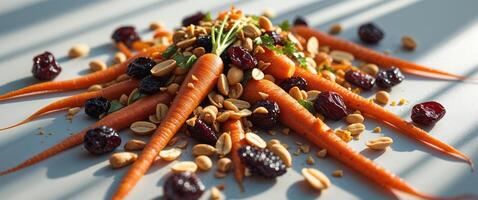 Carrots, nuts and cranberries are arranged in a circle photo