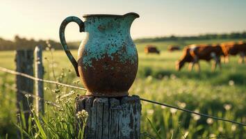 A rusty pitcher sitting on a fence post in a field photo