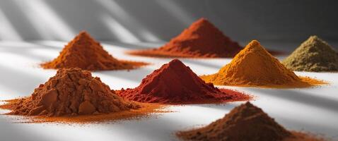 A group of different colored powders on a white surface photo