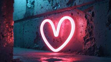 A brightly illuminated neon heart shape on a textured wall. photo