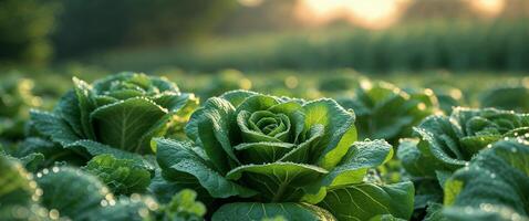 A field of green cabbage plants in the sun photo