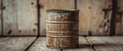 Rustic Vintage Tin Can with Copy Space for Product Presentation photo