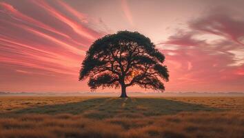 A lone tree stands in a field with a pink sky photo
