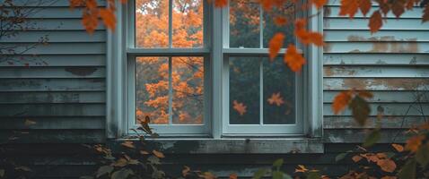 A window with a leafy background and autumn leaves photo