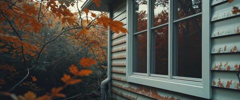 A window in a house with autumn leaves on the outside photo