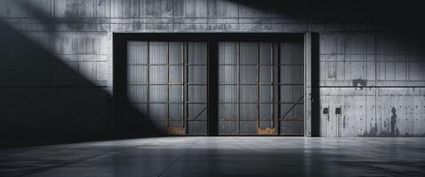 An empty room with a large door and light shining through photo