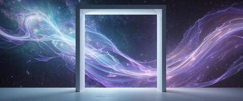 An open door to a galaxy with a purple and blue swirl photo