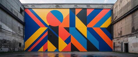 A large colorful wall with a large geometric design photo