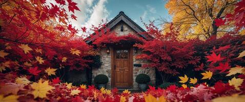 A house surrounded by autumn leaves photo