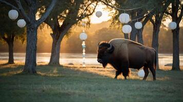 Bison Grazing on Grassy Field with Paper Lanterns photo