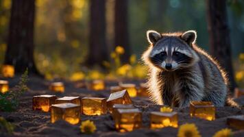 Raccoon Posing Near Glowing Cubes in the Forest photo