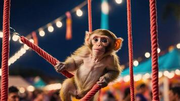 Monkey Climbing Red Rope at Night Event with Lights photo
