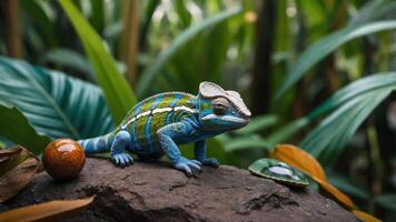 Chameleon Standing on Rock in Greenery Setting photo