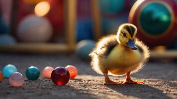 Duckling Standing on Ground Surrounded by Colorful Balls in Sunlight photo