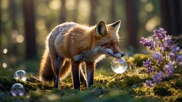 Fox with a Glowing Orb in a Forest Glade photo