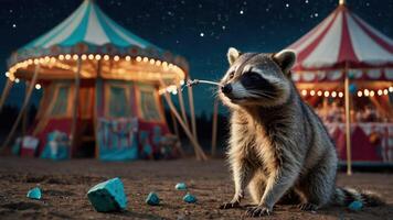 Raccoon Sitting at Fairground with String on Its Nose photo