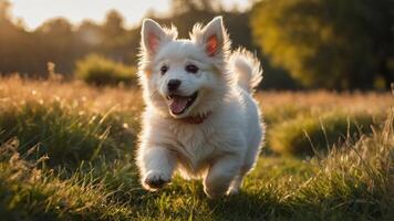 Puppy Running Through Grass in Sunny Field photo